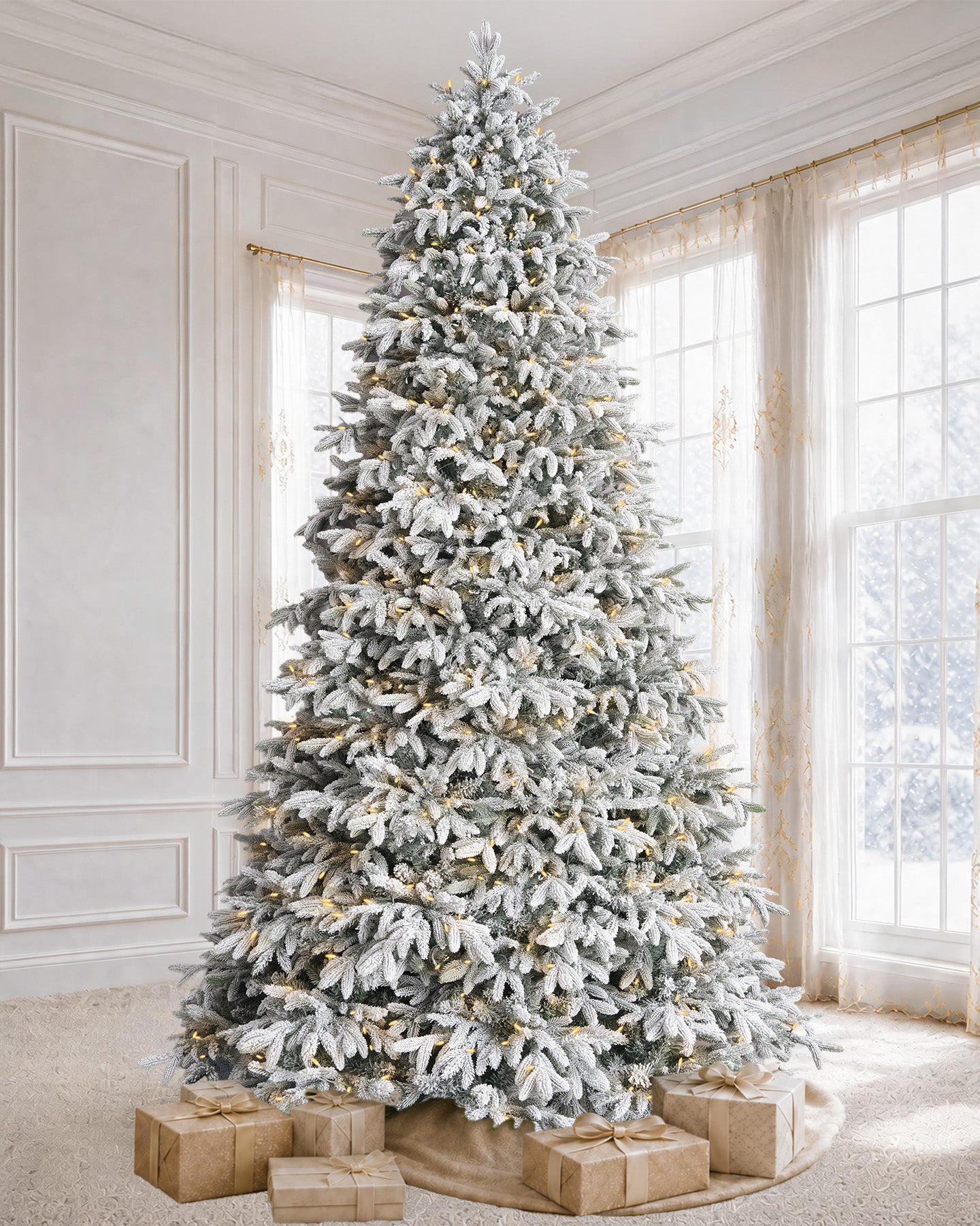 9' Frostwood Pre-Lit Flocked Fraser Fir Artificial Christmas Tree with 1050 Warm White & Color LED Lights
