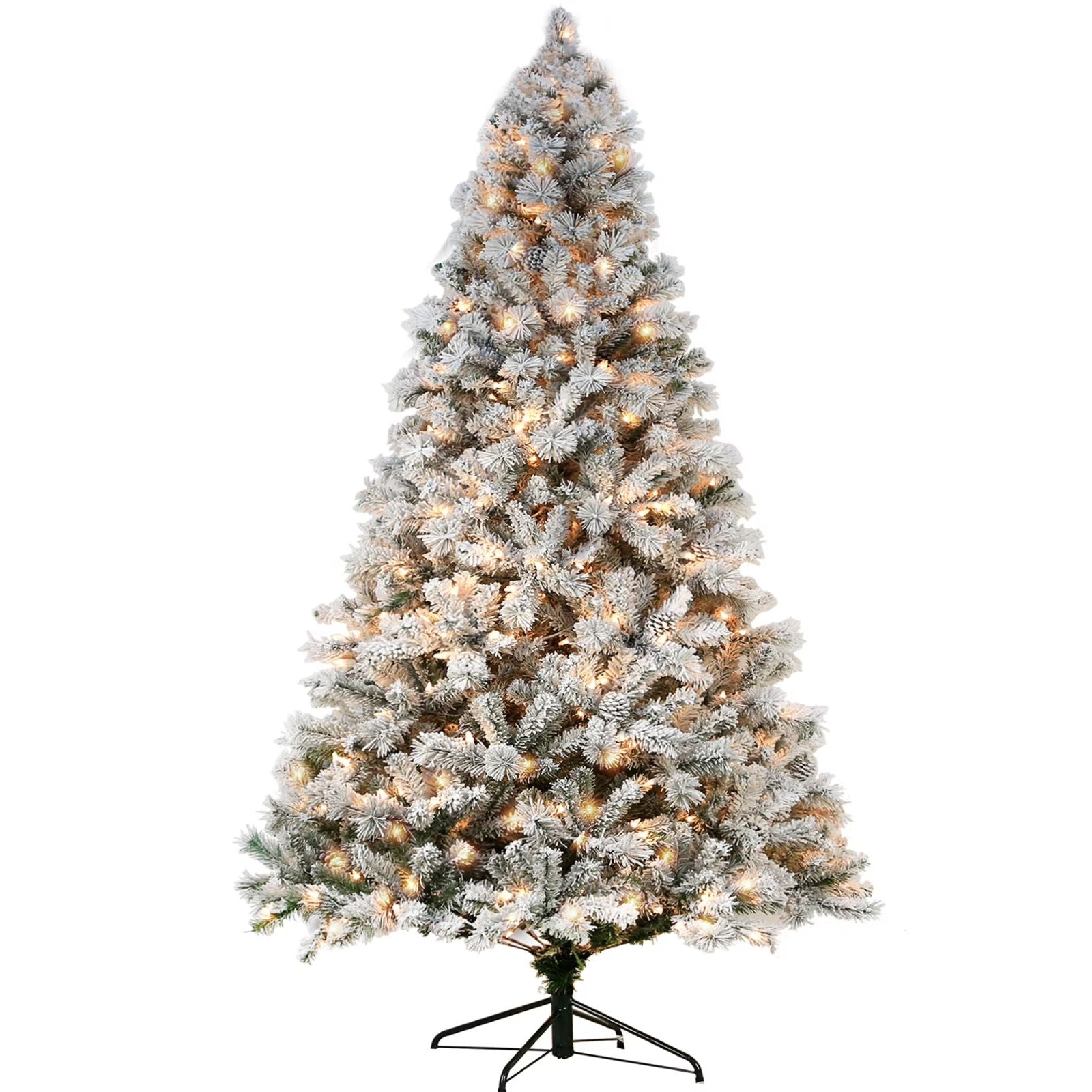 Vivatrees 7.5FT 9FT Flocked Christmas Tree Pre-Lit Artificial Xmas Snow Pine with Metal Base Warm White Multi Color LED Lights for Home Holiday Decor