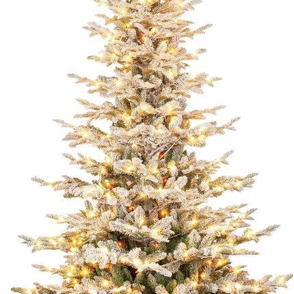 Vivatrees 6FT 7.5FT 9FT Flocked Christmas Tree Pre-Lit Artificial Xmas Snow Pine with Metal Base Warm White Multi Color LED Lights
