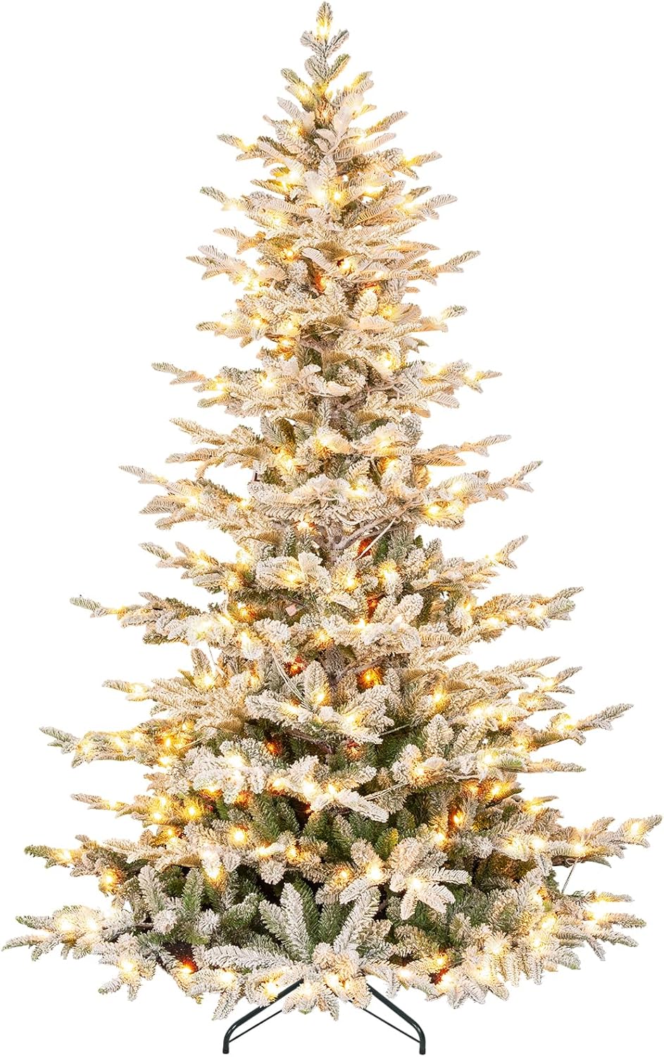 Vivatrees 6FT 7.5FT 9FT Flocked Christmas Tree Pre-Lit Artificial Xmas Snow Pine with Metal Base Warm White Multi Color LED Lights