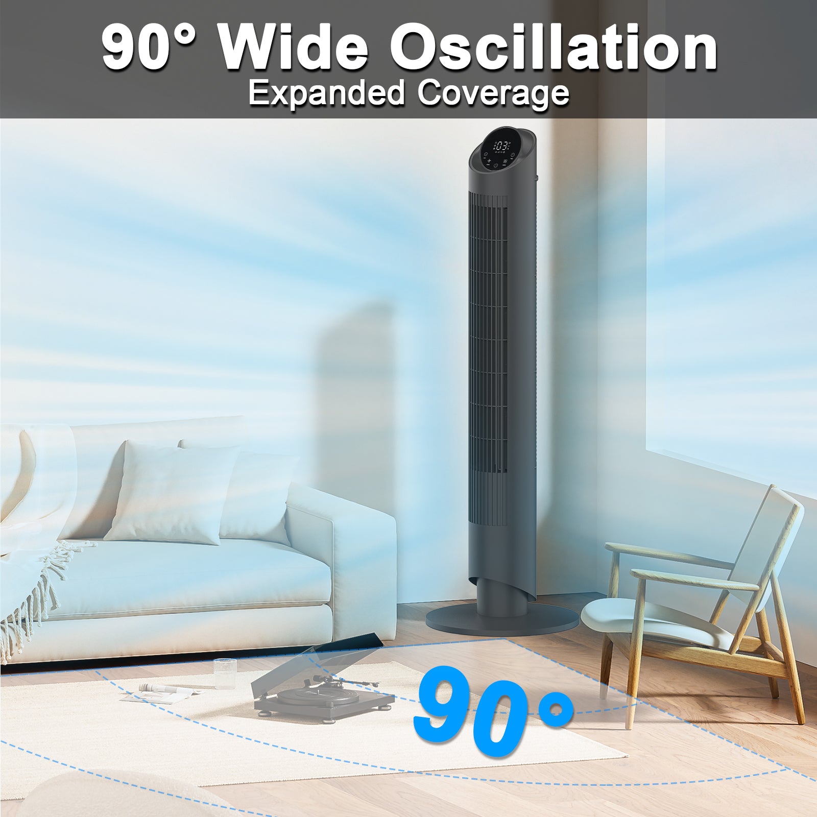 Sunspire 40'' Tower Fan for Bedroom, 90° Oscillating Standing Fan, 28dB Ultra Quiet, 26ft/s Velocity Bladeless Floor Fan with 3 Speeds & 4 Modes, 12H Timer for Living Room, Home, Office, Black