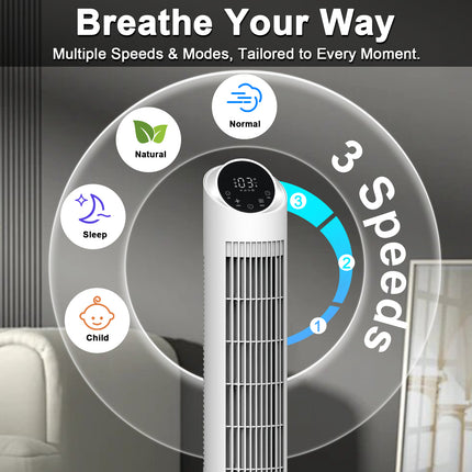 Sunspire 40'' Tower Fan for Bedroom, 90° Oscillating Standing Fan, 28dB Ultra Quiet, 26ft/s Velocity Bladeless Floor Fan with 3 Speeds & 4 Modes, 12H Timer for Living Room, Home, Office, White
