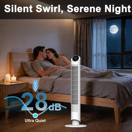 Sunspire 40'' Tower Fan for Bedroom, 90° Oscillating Standing Fan, 28dB Ultra Quiet, 26ft/s Velocity Bladeless Floor Fan with 3 Speeds & 4 Modes, 12H Timer for Living Room, Home, Office, White
