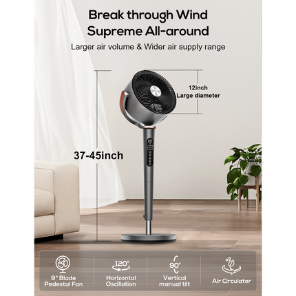Sunspire Large Fan for Bedroom, 120° Oscillating Standing Fan, 85ft Air Circulator With Remote, DC Motor Quiet Floor Fans, Adjustable Height, 12 Speeds, 5 Modes, 12H Timer