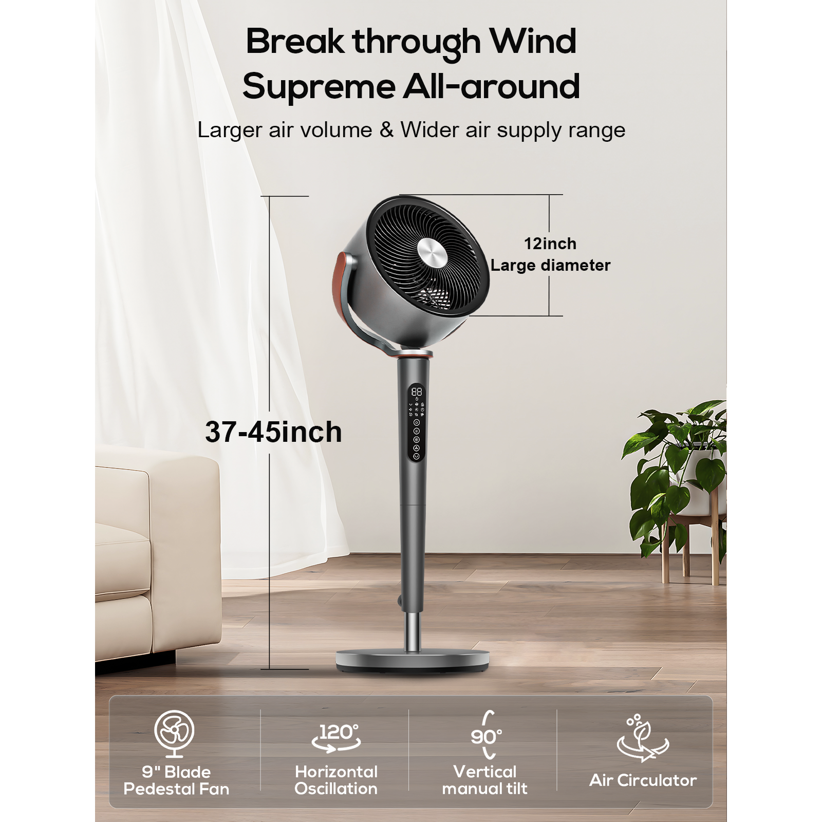 Sunspire Large Fan for Bedroom, 120° Oscillating Standing Fan, 85ft Air Circulator With Remote, DC Motor Quiet Floor Fans, Adjustable Height, 12 Speeds, 5 Modes, 12H Timer