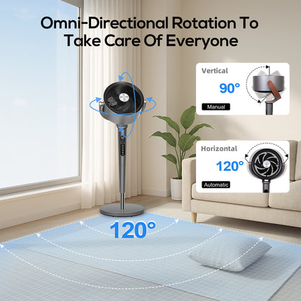 Sunspire Large Fan for Bedroom, 120° Oscillating Standing Fan, 85ft Air Circulator With Remote, DC Motor Quiet Floor Fans, Adjustable Height, 12 Speeds, 5 Modes, 12H Timer