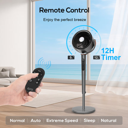 Sunspire Large Fan for Bedroom, 120° Oscillating Standing Fan, 85ft Air Circulator With Remote, DC Motor Quiet Floor Fans, Adjustable Height, 12 Speeds, 5 Modes, 12H Timer