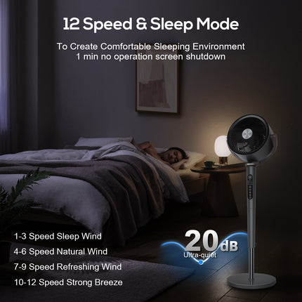 Sunspire Large Fan for Bedroom, 120° Oscillating Standing Fan, 85ft Air Circulator With Remote, DC Motor Quiet Floor Fans, Adjustable Height, 12 Speeds, 5 Modes, 12H Timer