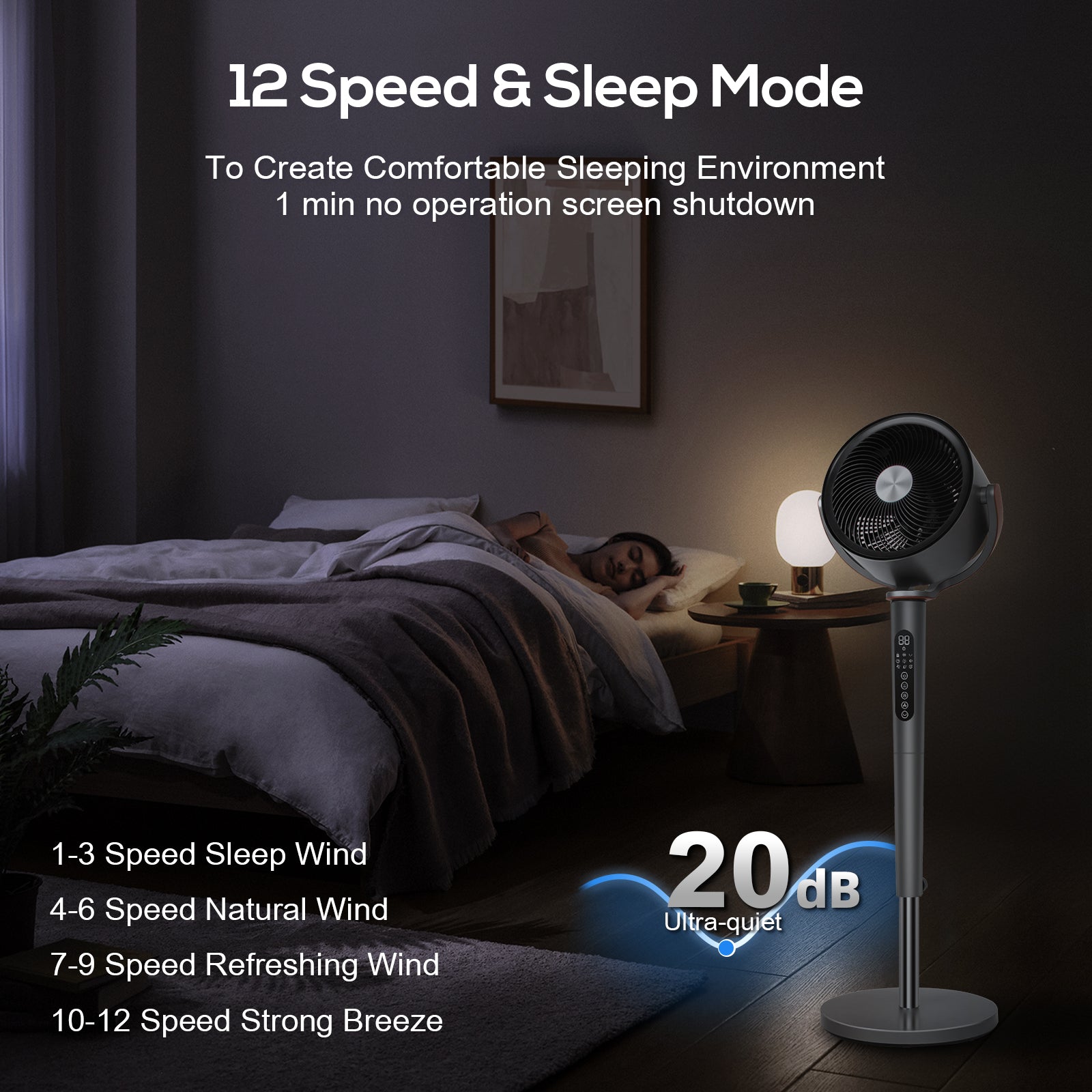 Sunspire Large Fan for Bedroom, 120° Oscillating Standing Fan, 85ft Air Circulator With Remote, DC Motor Quiet Floor Fans, Adjustable Height, 12 Speeds, 5 Modes, 12H Timer