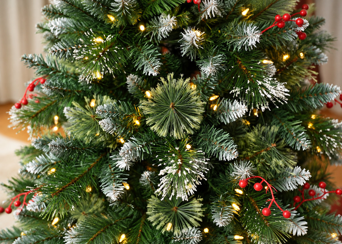 6' Frostberry Pine Pre-Lit Frosted Christmas Tree with Red Berries with 250 Warm White LED Lights