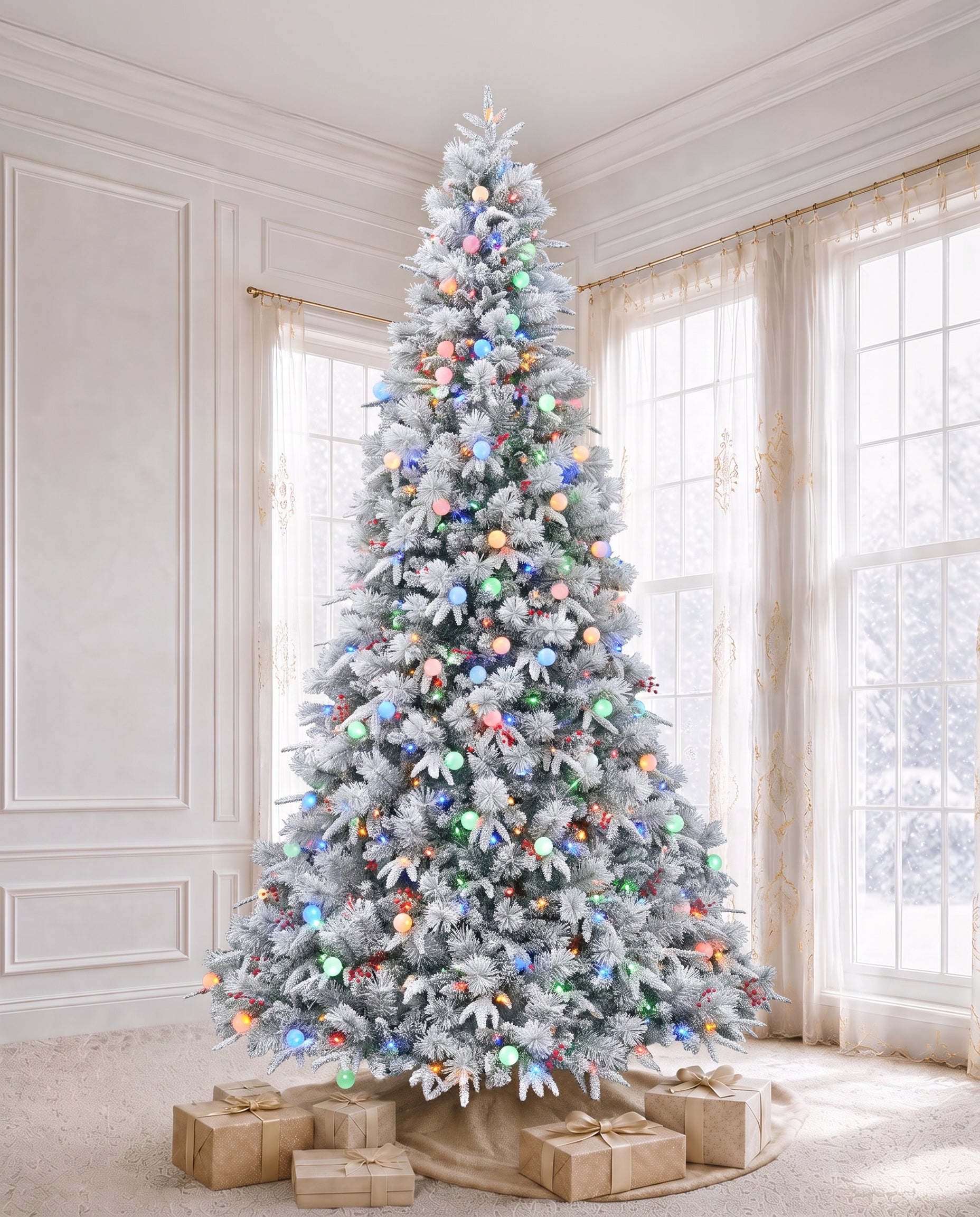 7.5' Woodland Flocked Pine Artificial Christmas Tree with 450 Warm White & Color LED Lights