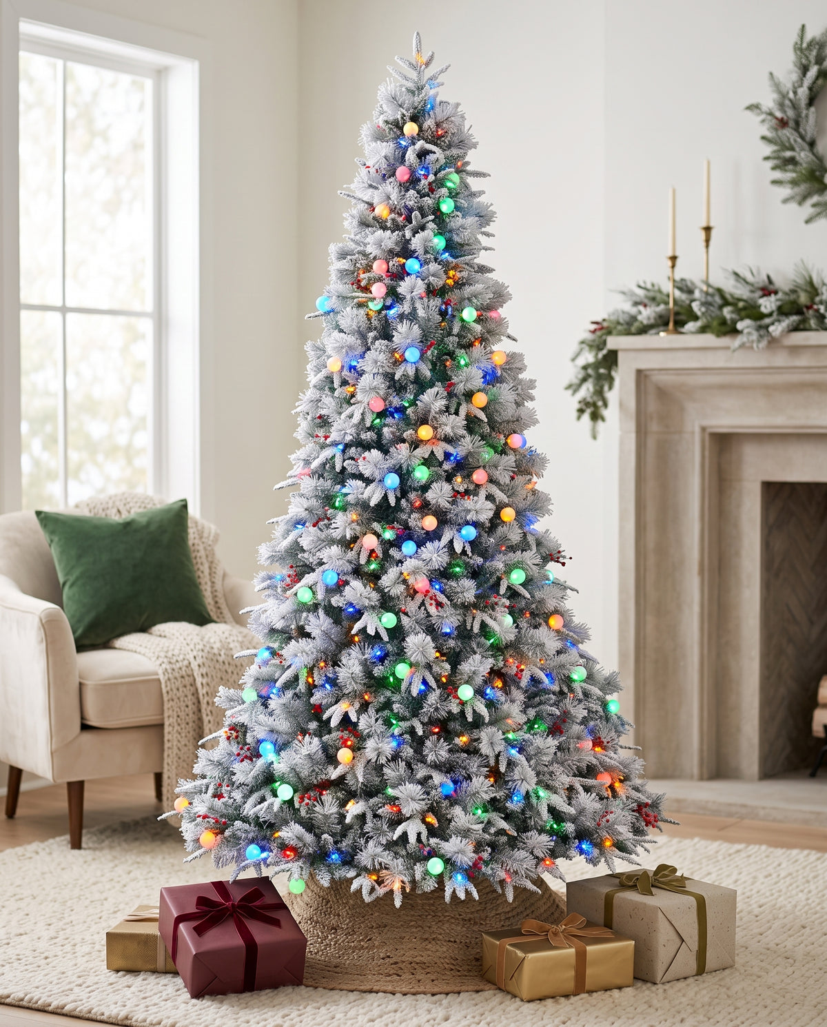9' Woodland Flocked Pine Artificial Christmas Tree with 600 Warm White & Color LED Lights