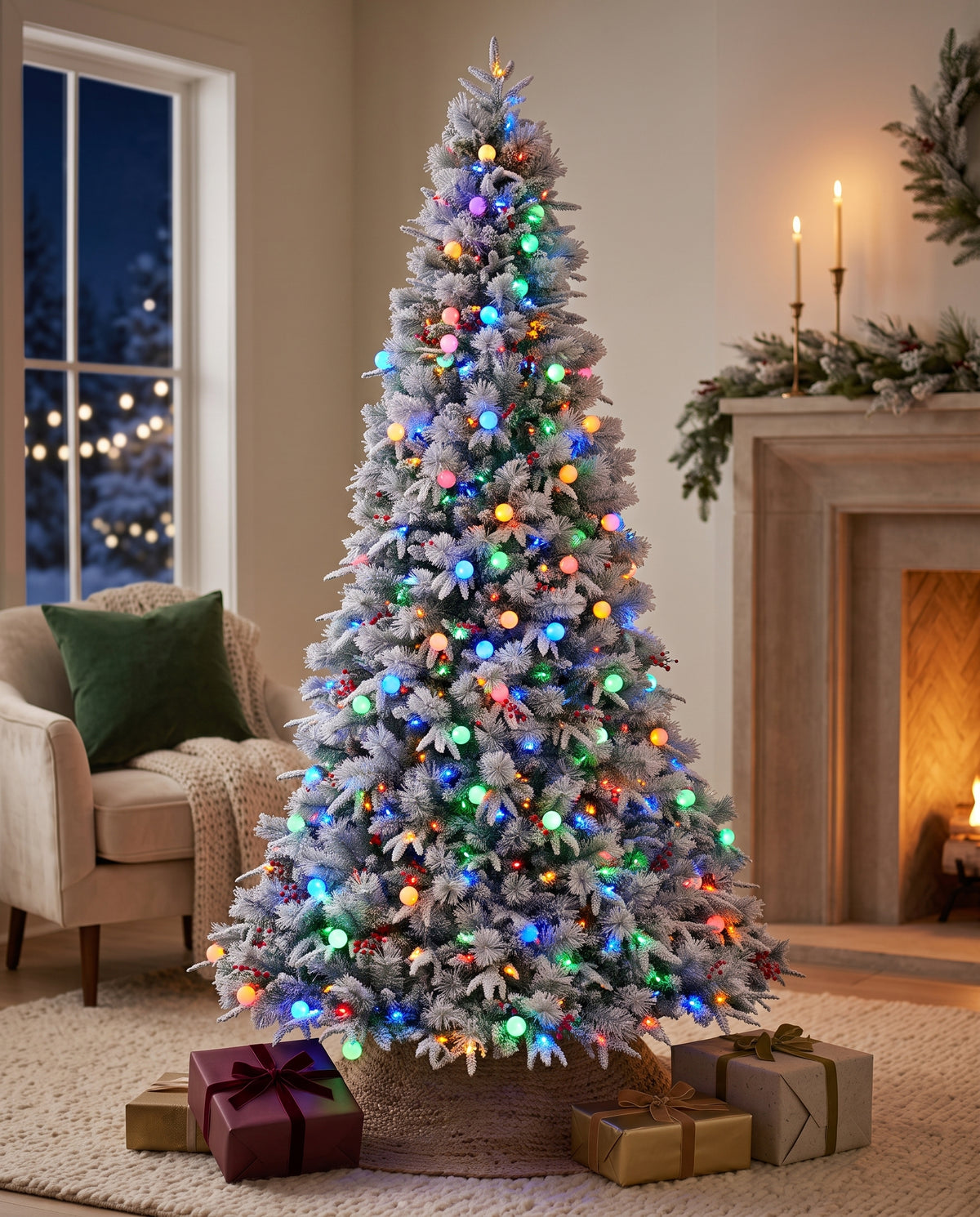 7.5' Woodland Flocked Pine Artificial Christmas Tree with 450 Warm White & Color LED Lights