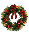 32 In Crimson Magnolia Pre-Lit Artificial Christmas Wreath with Red Magnolias, Pinecones & Plaid Bow
