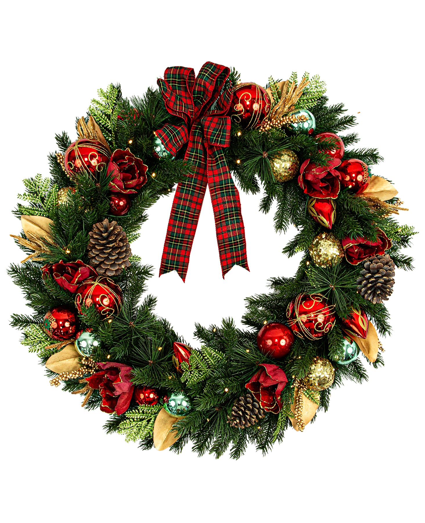 32 In Crimson Magnolia Pre-Lit Artificial Christmas Wreath with Red Magnolias, Pinecones & Plaid Bow