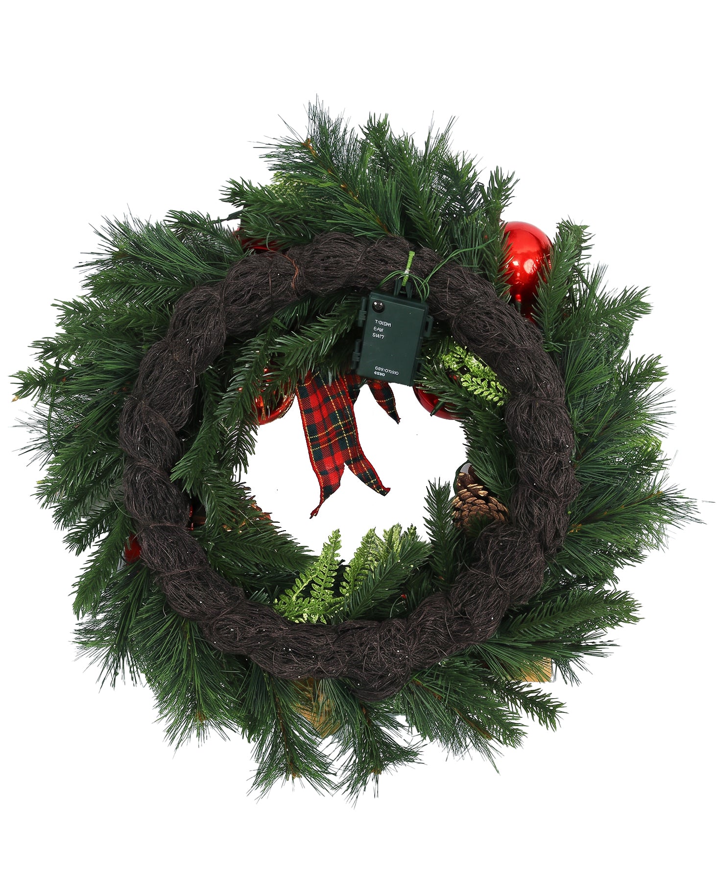 32 In Crimson Magnolia Pre-Lit Artificial Christmas Wreath with Red Magnolias, Pinecones & Plaid Bow