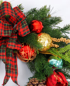 32 In Crimson Magnolia Pre-Lit Artificial Christmas Wreath with Red Magnolias, Pinecones & Plaid Bow