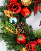 32 In Crimson Magnolia Pre-Lit Artificial Christmas Wreath with Red Magnolias, Pinecones & Plaid Bow
