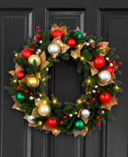 24 In Holiday Jewel Pre-Lit Artificial Christmas Wreath with Red, Green & Gold Ornaments