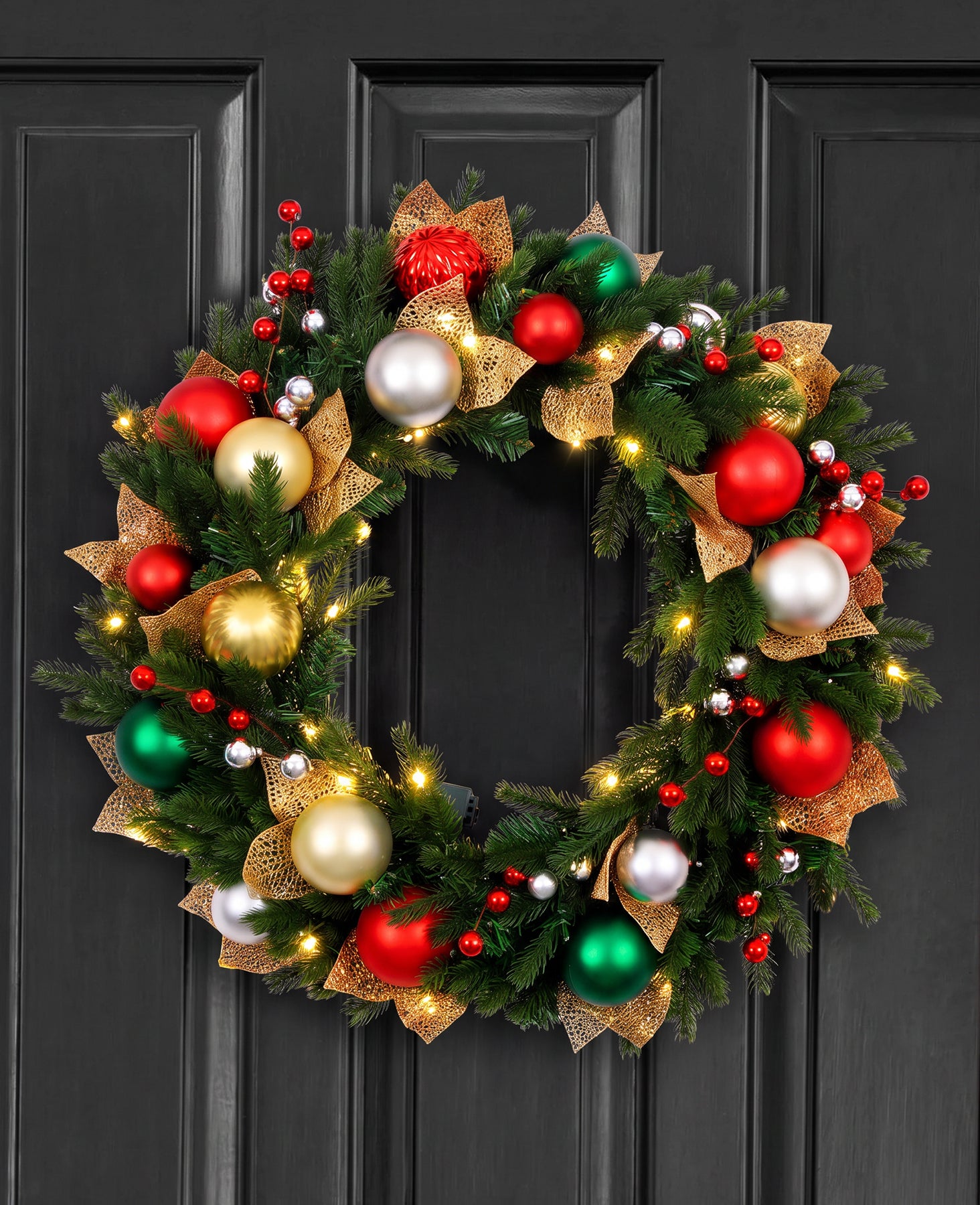 24 In Holiday Jewel Pre-Lit Artificial Christmas Wreath with Red, Green & Gold Ornaments