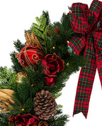 32 In Crimson Magnolia Pre-Lit Artificial Christmas Wreath with Red Magnolias, Pinecones & Plaid Bow