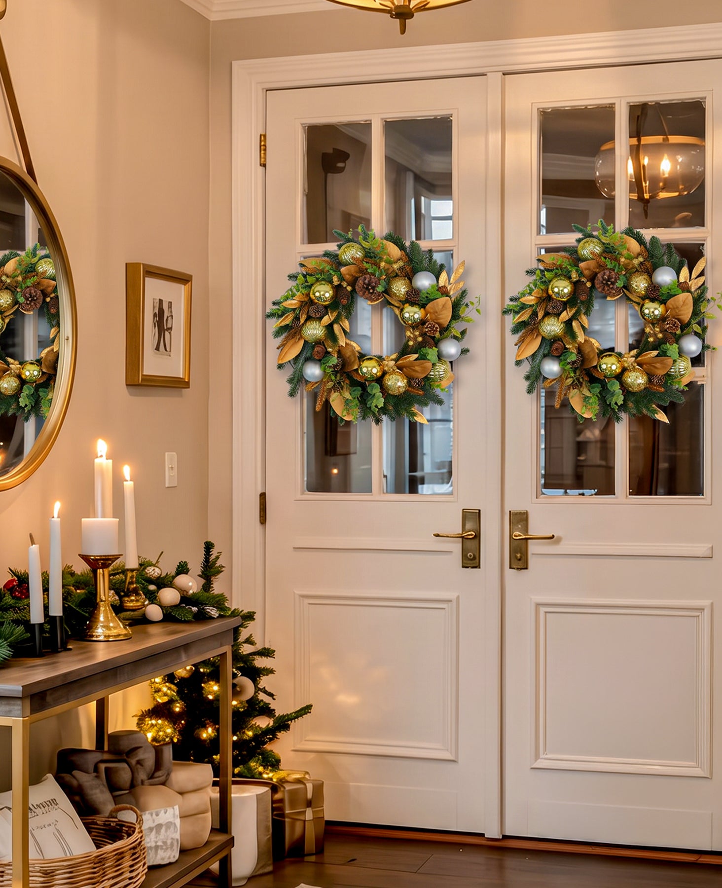 24 In Champagne Woodland Pre-Lit Artificial Christmas Wreath with Pinecones & Gilded Botanicals