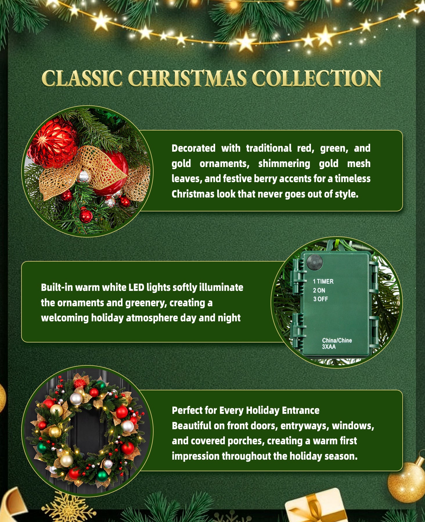 24 In Holiday Jewel Pre-Lit Artificial Christmas Wreath with Red, Green & Gold Ornaments