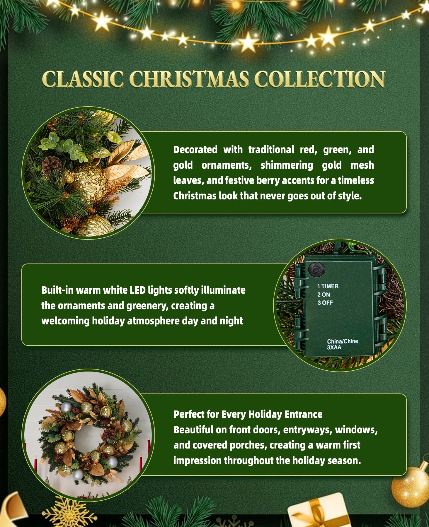 24 In Champagne Woodland Pre-Lit Artificial Christmas Wreath with Pinecones & Gilded Botanicals
