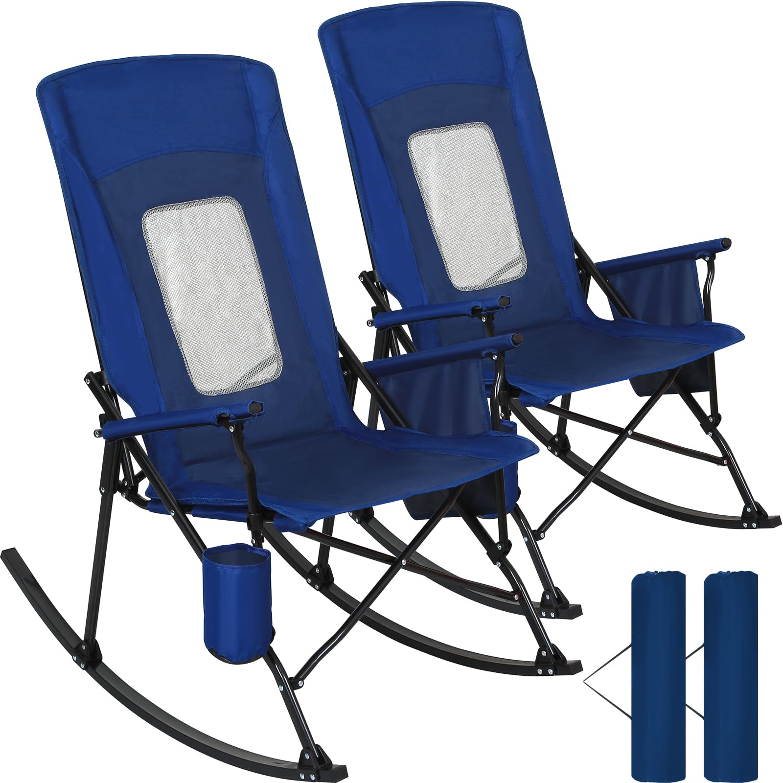SUNSPIRE 2 Pack Rocking Camping Chair for Adult 400LBS Capacity, Heavy Duty Folding Rocking Chairs, Portable Outdoor Rocker with High Back & Hard Armrests for Camping, Beach, Patio, Backyard, Mesh Blue