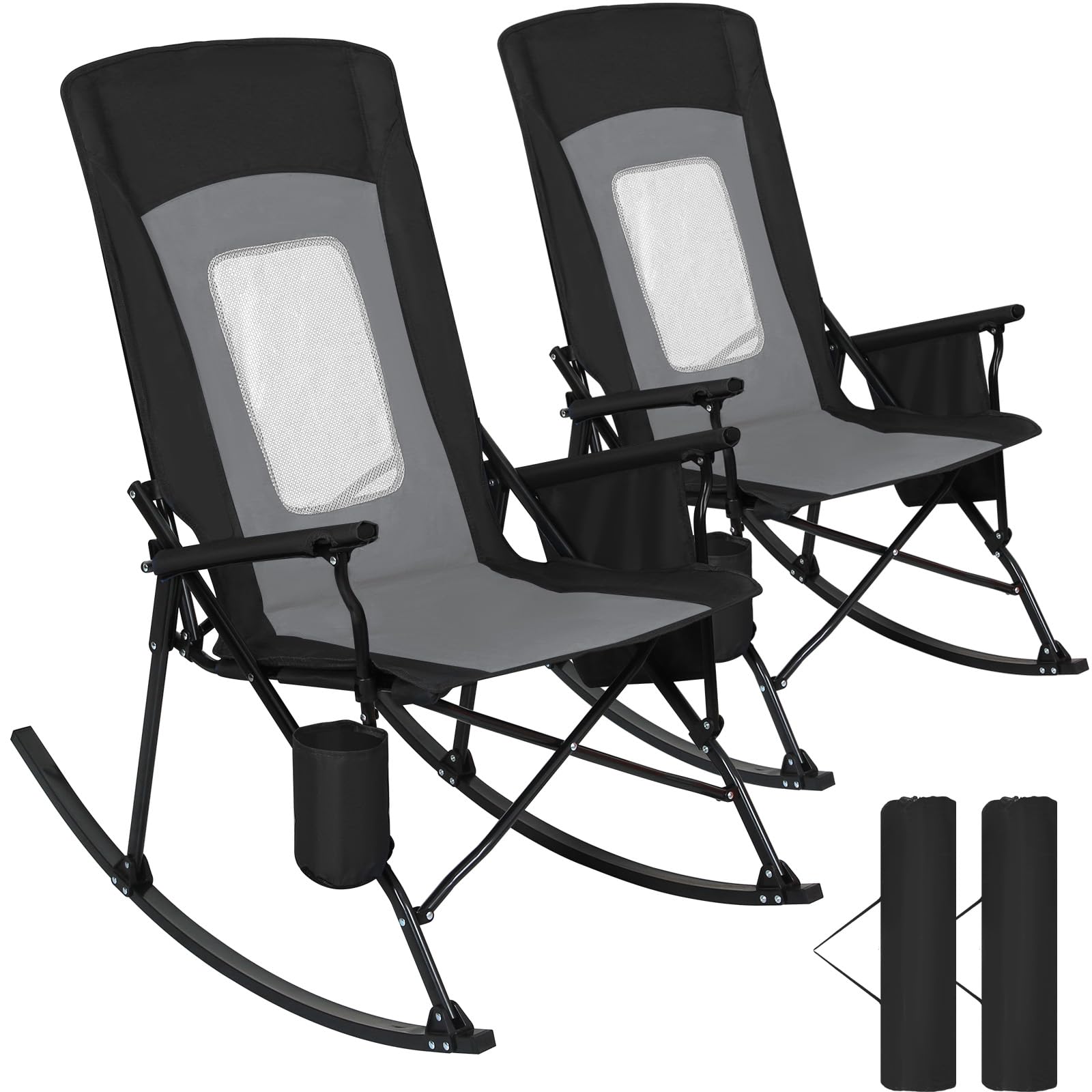 SUNSPIRE 2 Pack Rocking Camping Chair for Adult 400LBS Capacity, Heavy Duty Folding Rocking Chairs, Portable Outdoor Rocker with High Back & Hard Armrests for Camping, Beach, Patio, Backyard, Mesh Blue