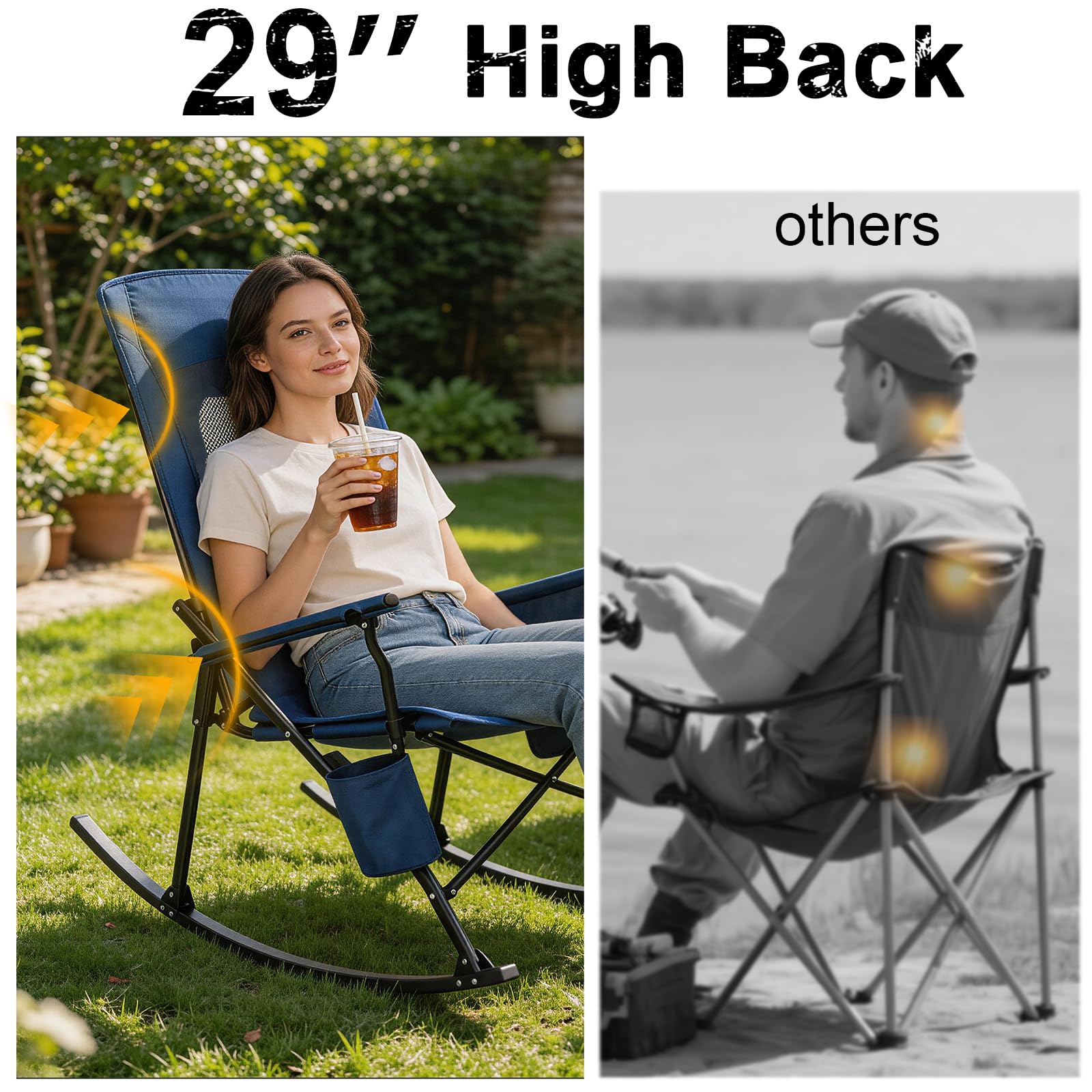 SUNSPIRE 2 Pack Rocking Camping Chair for Adult 400LBS Capacity, Heavy Duty Folding Rocking Chairs, Portable Outdoor Rocker with High Back & Hard Armrests for Camping, Beach, Patio, Backyard, Mesh Blue