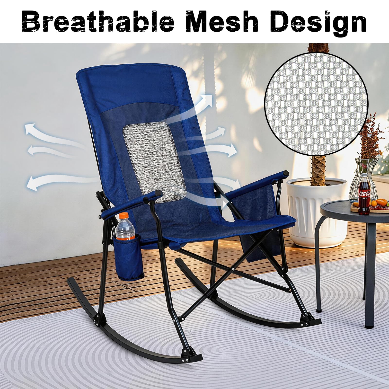 SUNSPIRE 2 Pack Rocking Camping Chair for Adult 400LBS Capacity, Heavy Duty Folding Rocking Chairs, Portable Outdoor Rocker with High Back & Hard Armrests for Camping, Beach, Patio, Backyard, Mesh Blue