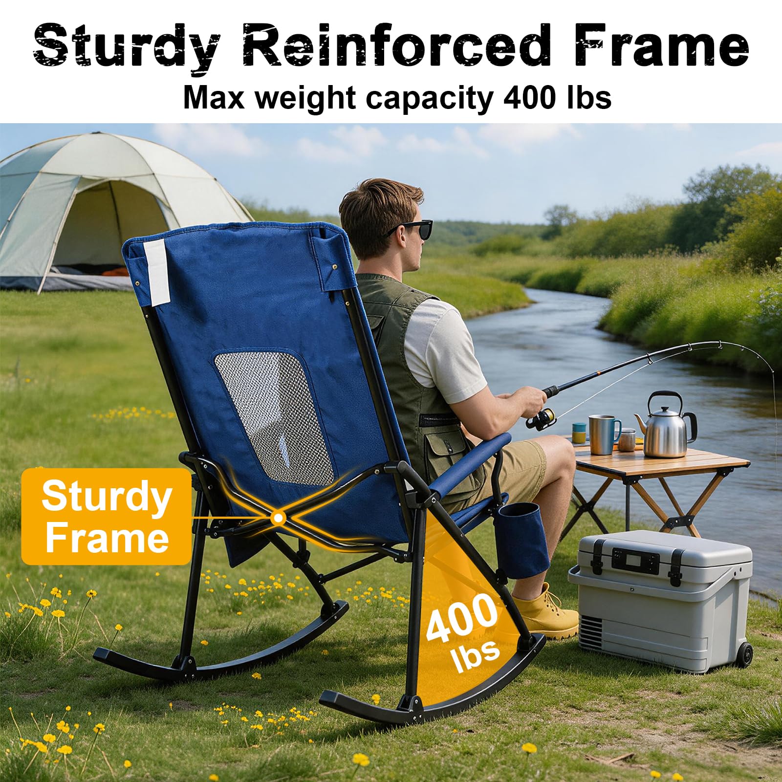 SUNSPIRE 2 Pack Rocking Camping Chair for Adult 400LBS Capacity, Heavy Duty Folding Rocking Chairs, Portable Outdoor Rocker with High Back & Hard Armrests for Camping, Beach, Patio, Backyard, Mesh Blue