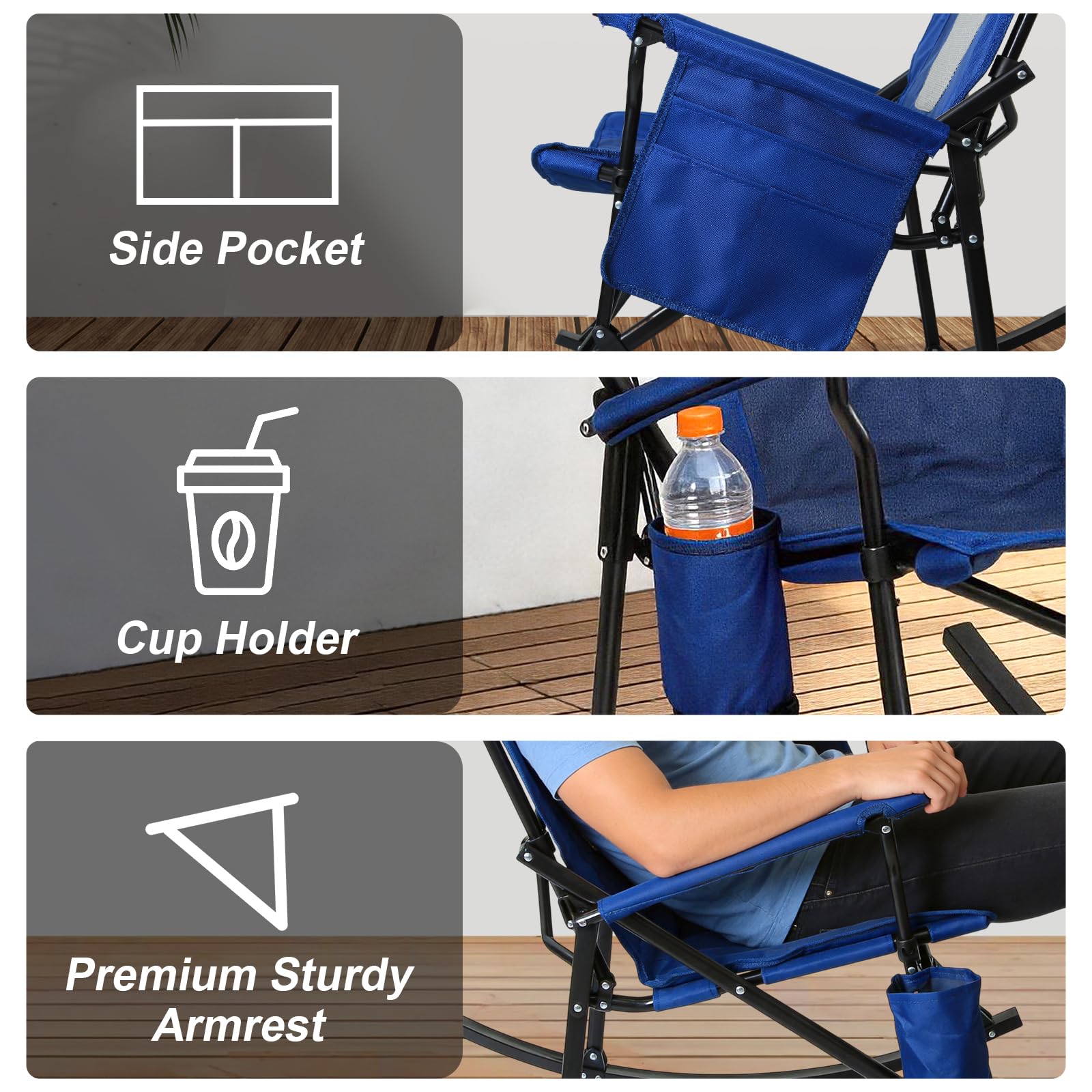 SUNSPIRE 2 Pack Rocking Camping Chair for Adult 400LBS Capacity, Heavy Duty Folding Rocking Chairs, Portable Outdoor Rocker with High Back & Hard Armrests for Camping, Beach, Patio, Backyard, Mesh Blue