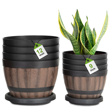 VIVATREES Plant Pots with Drainage Holes, Include 4 Each of 12/9 inches Flower Pots with Saucers, Plastic Imitation Wine Barrel Design (8-PACK)