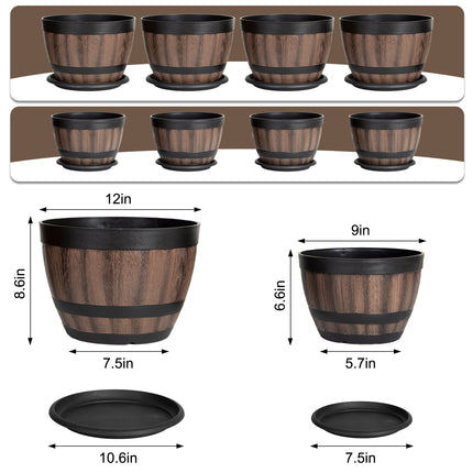 VIVATREES Plant Pots with Drainage Holes, Include 4 Each of 12/9 inches Flower Pots with Saucers, Plastic Imitation Wine Barrel Design (8-PACK)