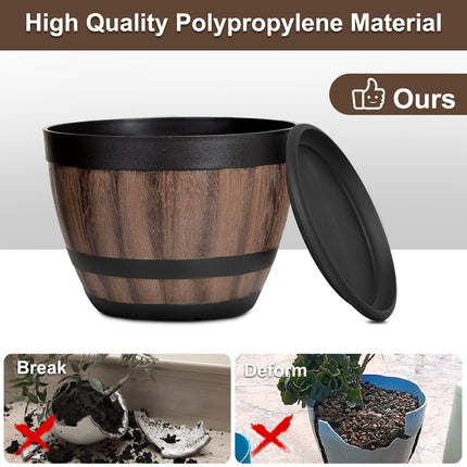 VIVATREES Plant Pots with Drainage Holes, Include 4 Each of 12/9 inches Flower Pots with Saucers, Plastic Imitation Wine Barrel Design (8-PACK)