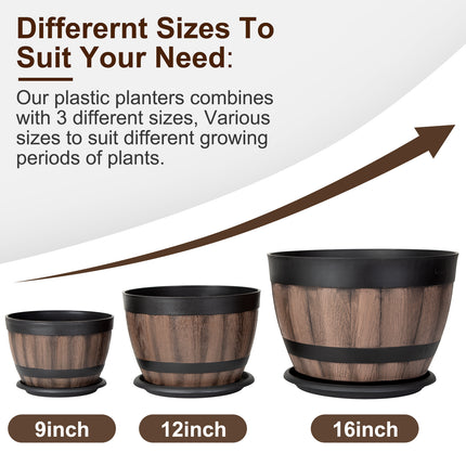 VIVATREES Plant Pots with Drainage Holes, Include 4 Each of 12/9 inches Flower Pots with Saucers, Plastic Imitation Wine Barrel Design (8-PACK)