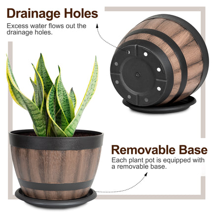 VIVATREES Plant Pots with Drainage Holes, Include 4 Each of 12/9 inches Flower Pots with Saucers, Plastic Imitation Wine Barrel Design (8-PACK)