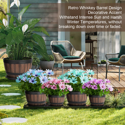 VIVATREES Plant Pots with Drainage Holes, Include 4 Each of 12/9 inches Flower Pots with Saucers, Plastic Imitation Wine Barrel Design (8-PACK)