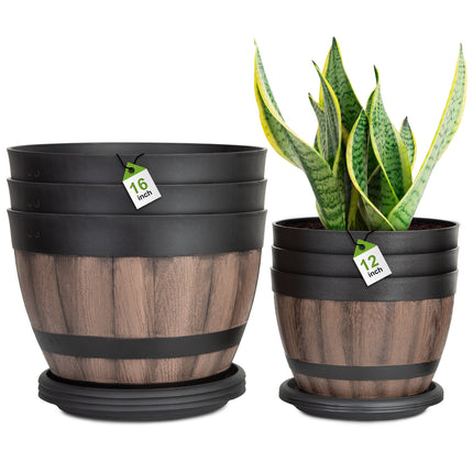 VIVATREES Plant Pots with Drainage Holes, Include 3 Each of 16/12 inches Flower Pots with Saucers, Plastic Imitation Wine Barrel Design (6-PACK)