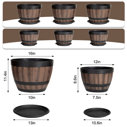 VIVATREES Plant Pots with Drainage Holes, Include 3 Each of 16/12 inches Flower Pots with Saucers, Plastic Imitation Wine Barrel Design (6-PACK)