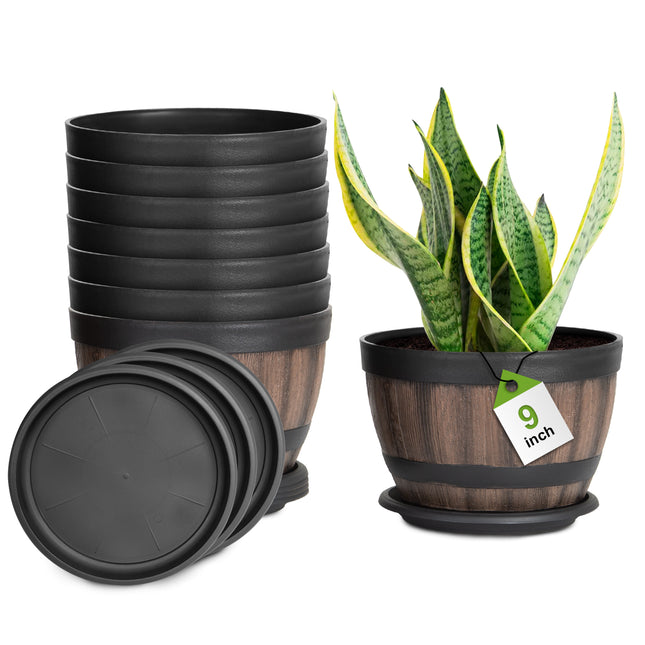 VIVATREES Plant Pots with Drainage Holes, Include 8 of 9 inches Flower Pots with Saucers, Plastic Imitation Wine Barrel Design (8-PACK)