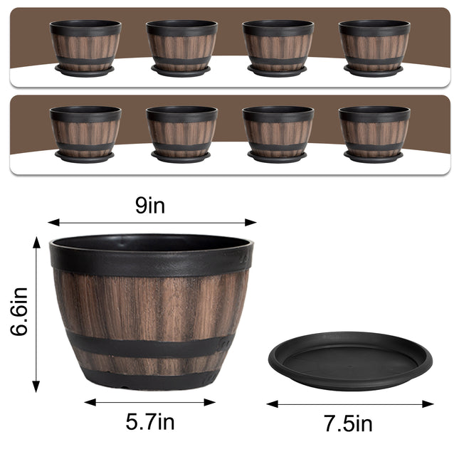 VIVATREES Plant Pots with Drainage Holes, Include 8 of 9 inches Flower Pots with Saucers, Plastic Imitation Wine Barrel Design (8-PACK)