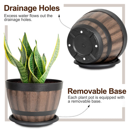 VIVATREES Plant Pots with Drainage Holes, Include 8 of 9 inches Flower Pots with Saucers, Plastic Imitation Wine Barrel Design (8-PACK)