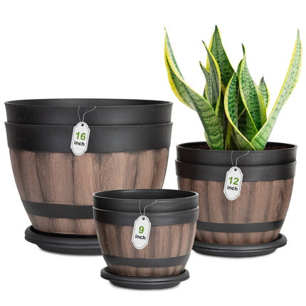 VIVATREES Plant Pots with Drainage Holes, Include 2 Each of 16/12/9 inches Flower Pots with Saucers, Plastic Imitation Wine Barrel Design (6-PACK)