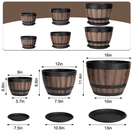VIVATREES Plant Pots with Drainage Holes, Include 2 Each of 16/12/9 inches Flower Pots with Saucers, Plastic Imitation Wine Barrel Design (6-PACK)