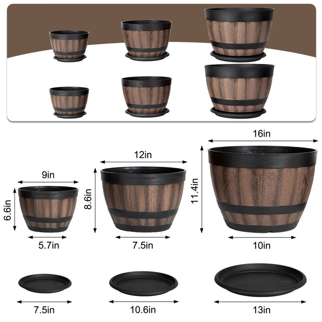 VIVATREES Plant Pots with Drainage Holes, Include 2 Each of 16/12/9 inches Flower Pots with Saucers, Plastic Imitation Wine Barrel Design (6-PACK)