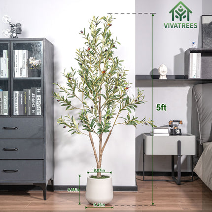 Artificial Olive Tree Tall Faux Silk Tree with White Tall Planter, with Natural Wood Trunk and Lifelike Fruits