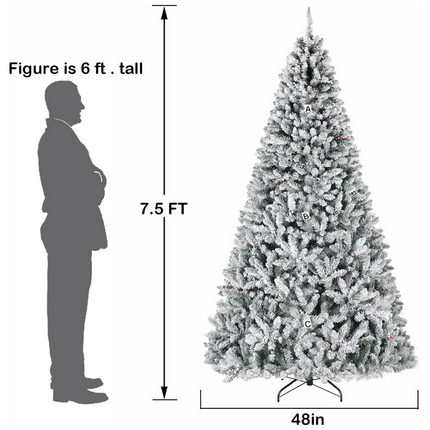 6.5'/7.5'/9' Prelit Snow Flocked Christmas Tree with Pine Cones and Berries, Color Changing LED Lights, Branch Tips, Metal Stand and Hinged Branches, 10 Color Modes